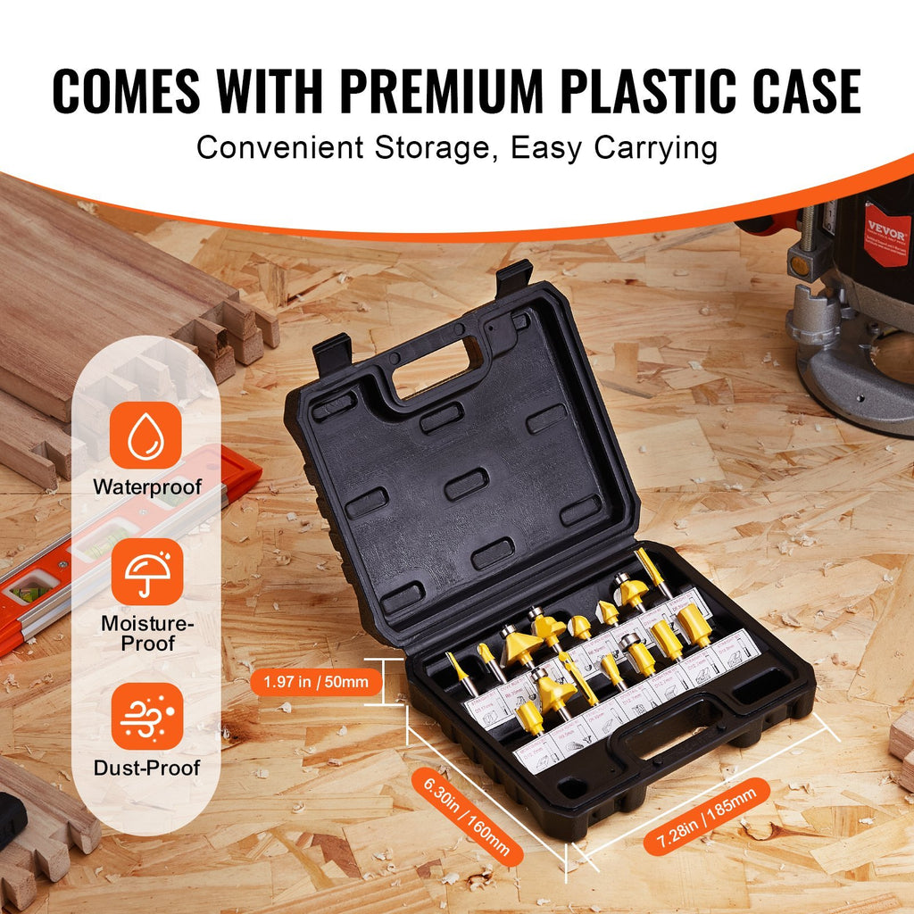 VEVOR Router Bits Set 15 Pieces Carbide Router Bit  Shank Carrying Case
