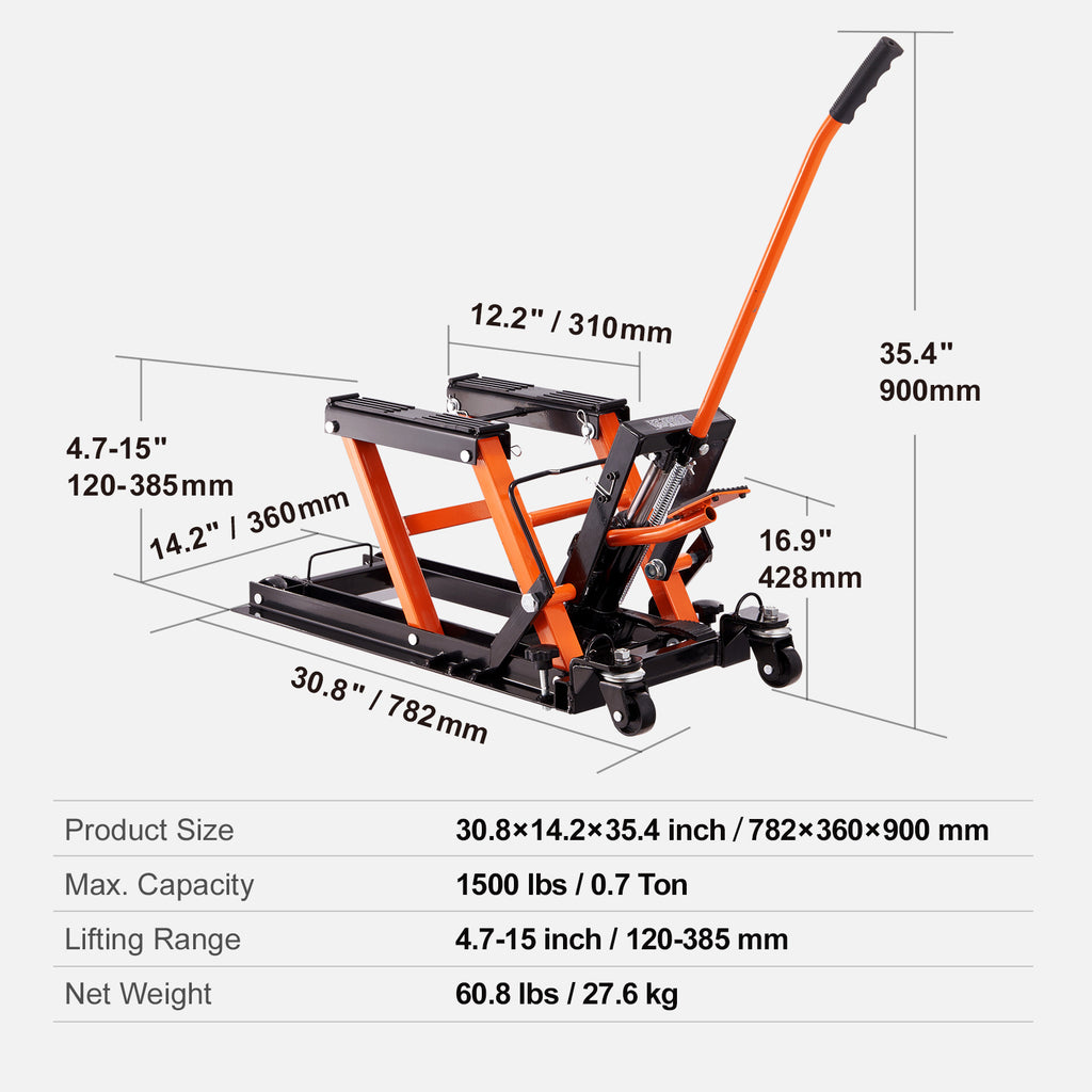 VEVOR Steel Hydraulic Motorcycle Jack Stand, 1500 LBS ATV Scissor Lift Jack, Scissor Lift Jack Stand With 4 Wheels, Hydraulic Foot-Operated Hoist Stand For Motorcycle ATV UTV Powersports