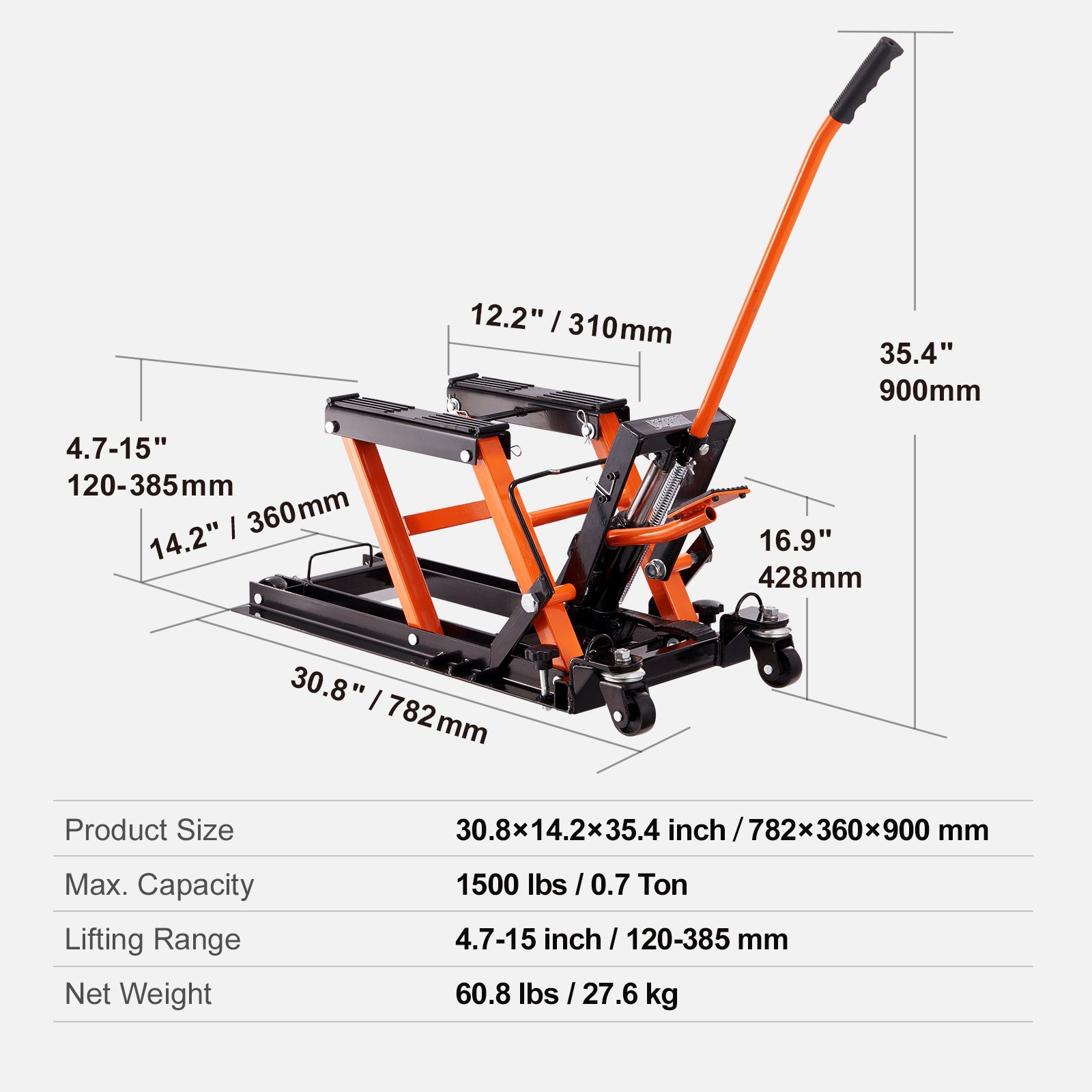 VEVOR Steel Hydraulic Motorcycle Jack Stand, 1500 LBS ATV Scissor Lift Jack, Scissor Lift Jack Stand With 4 Wheels, Hydraulic Foot-Operated Hoist Stand For Motorcycle ATV UTV Powersports