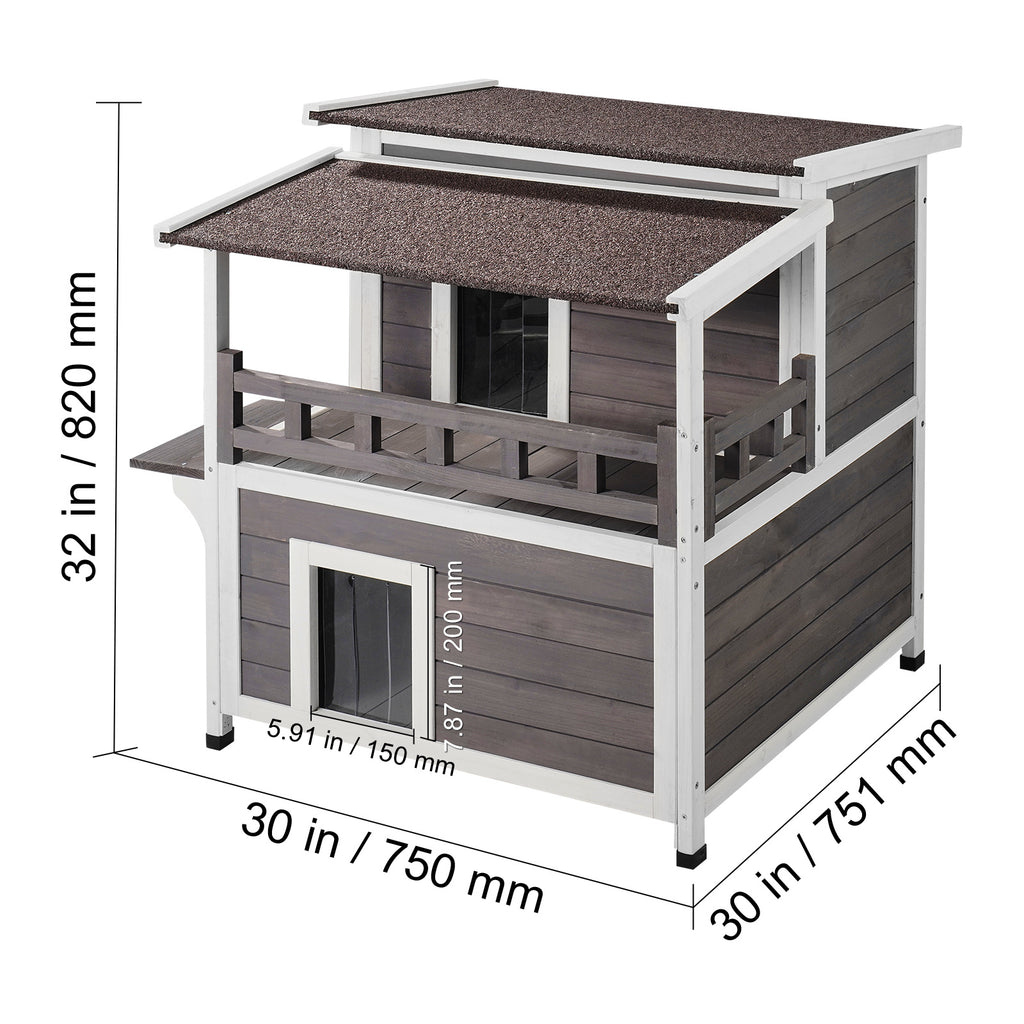 VEVOR Outdoor Cat House 2-story Wooden Feral Cat Shelter With  Balcony & Roof