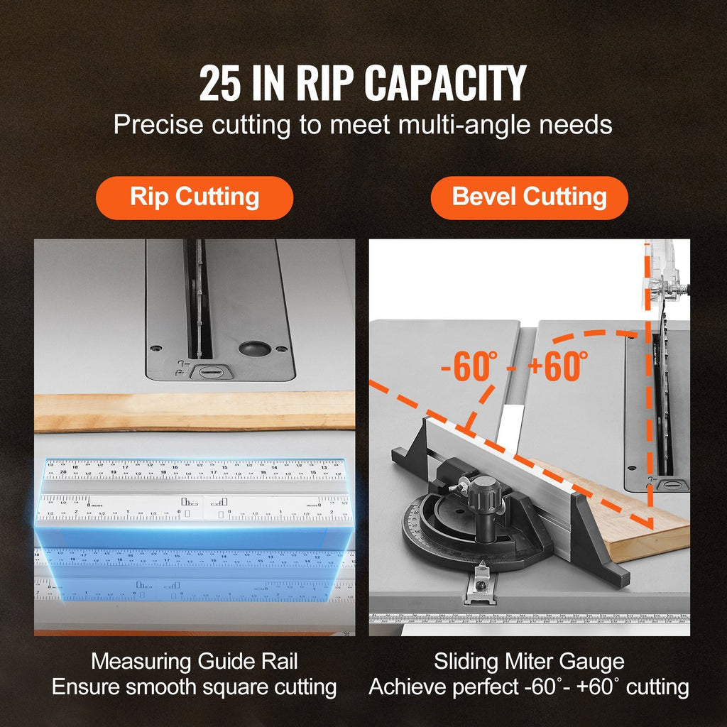 VEVOR Table Saw Electric Cutting Machine 4500RPM 25-in Rip Capacity Woodwork