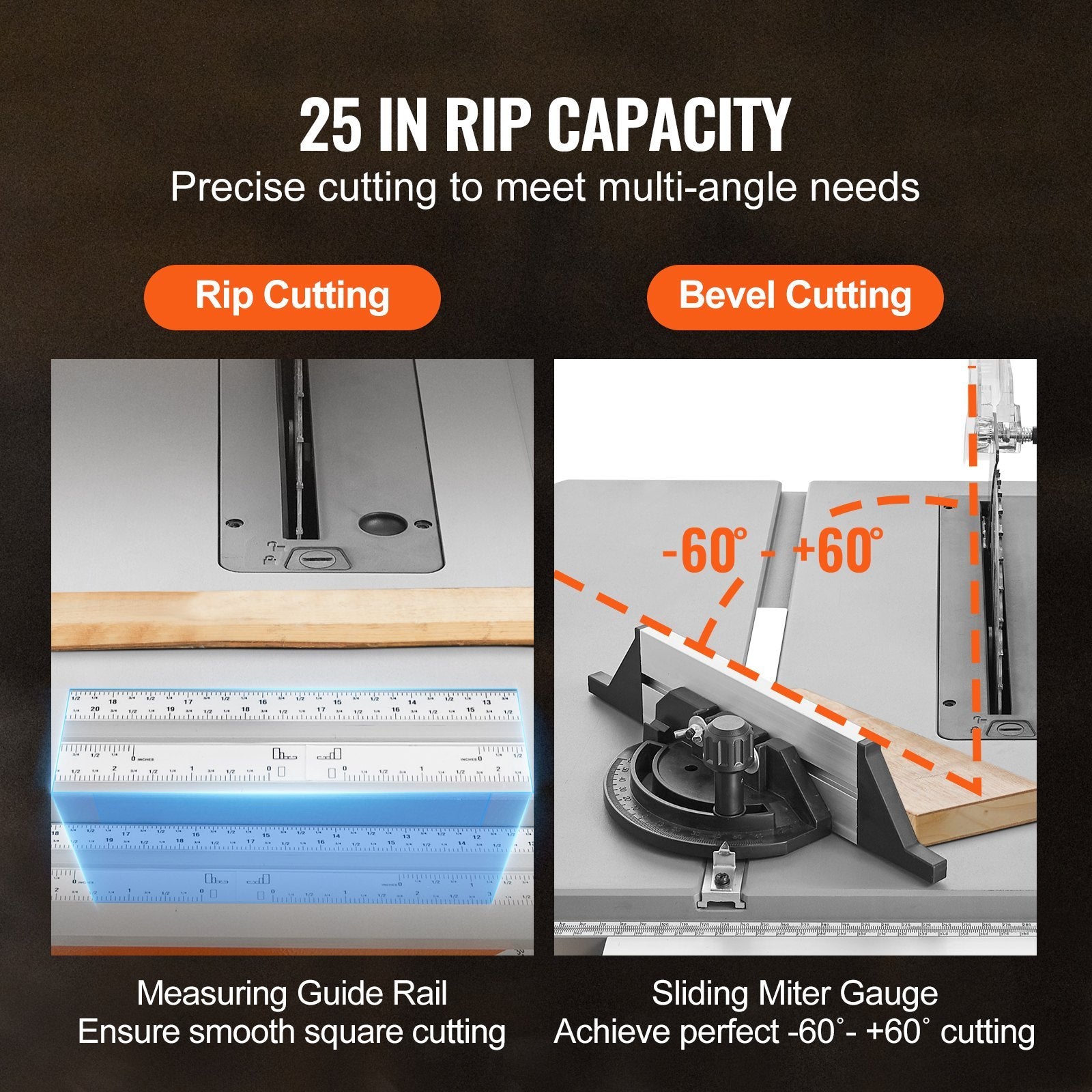 VEVOR Table Saw Electric Cutting Machine 4500RPM 25-in Rip Capacity Woodwork