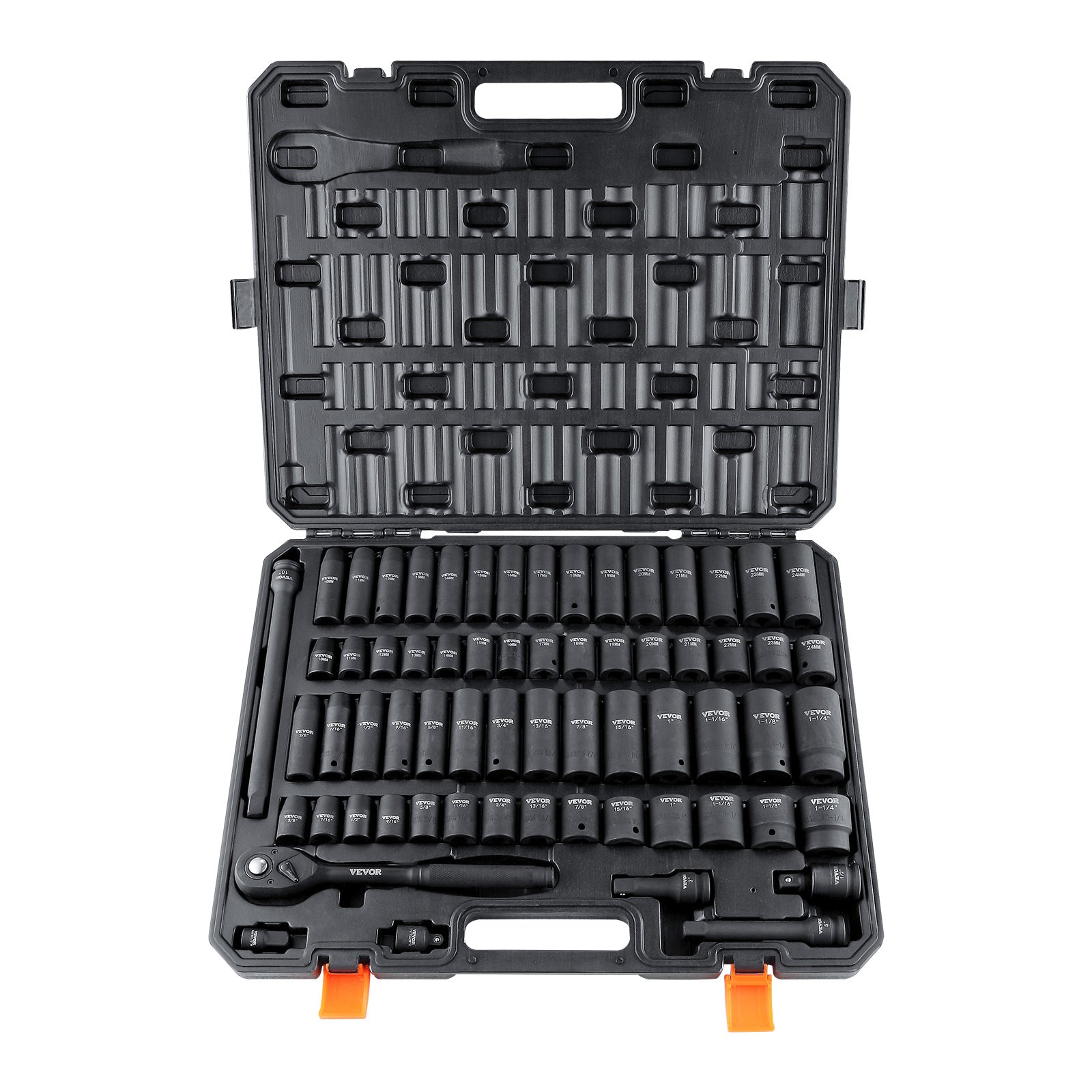 VEVOR Drive Impact Socket Set, 65 Piece Socket Set SAE  Metric 10-24mm, 6 Point Cr-V Alloy Steel For Auto Repair, Rugged Construction, Easy-to-Read Size Markings, Storage Case