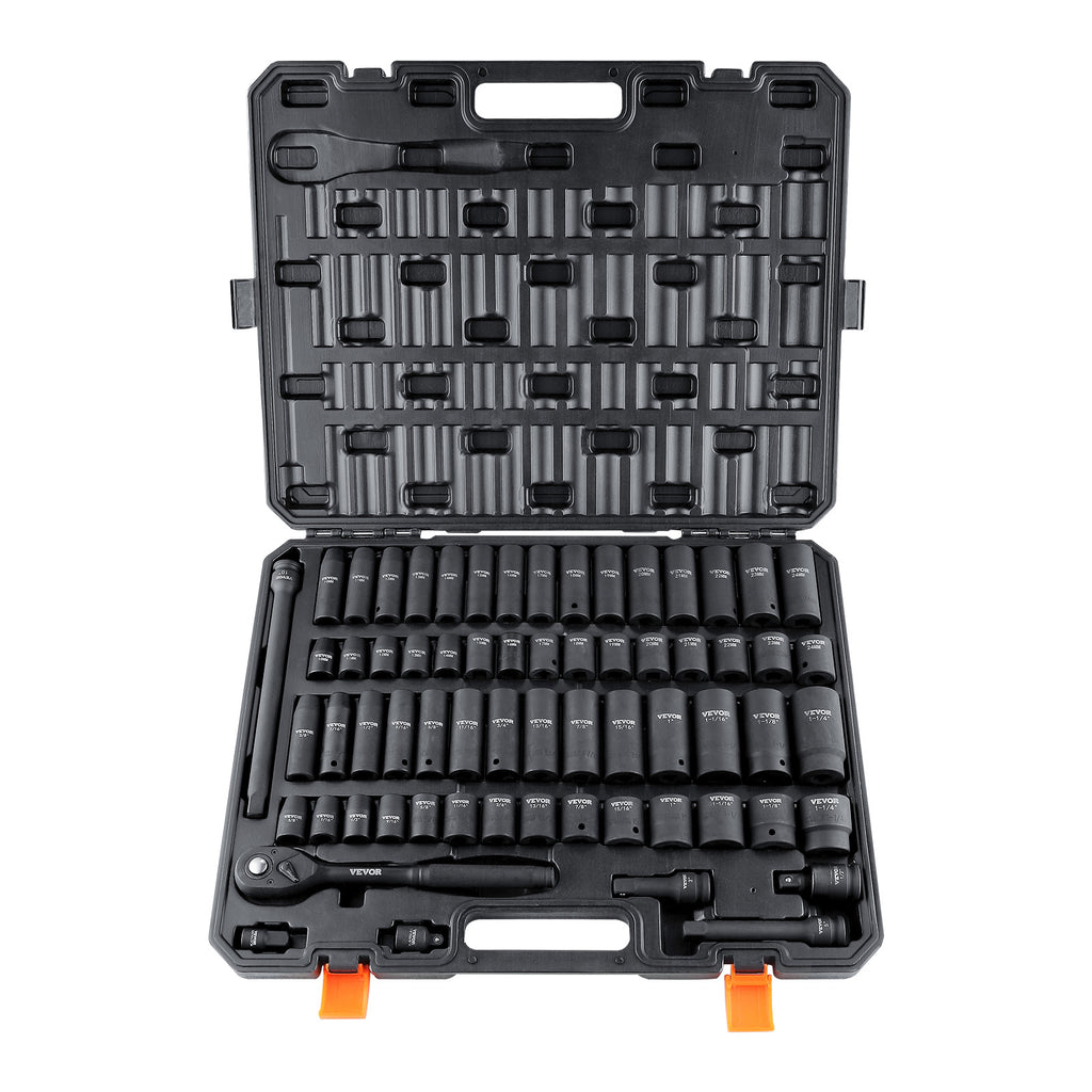 VEVOR Drive Impact Socket Set, 65 Piece Socket Set SAE  Metric 10-24mm, 6 Point Cr-V Alloy Steel For Auto Repair, Rugged Construction, Easy-to-Read Size Markings, Storage Case