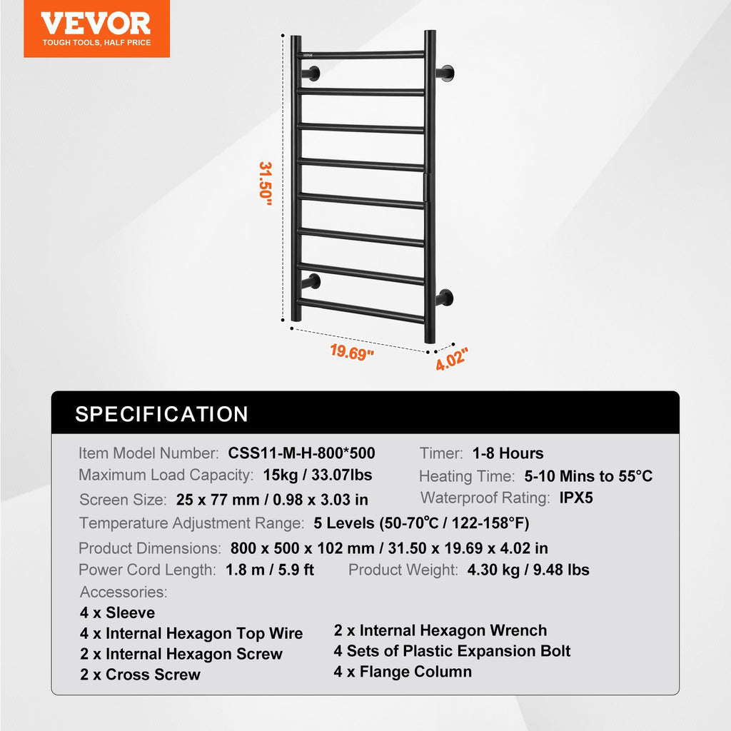 VEVOR 8 Bars Towel Warmer Rack Wall Mounted Heated Towel Rack For Bathroom Black
