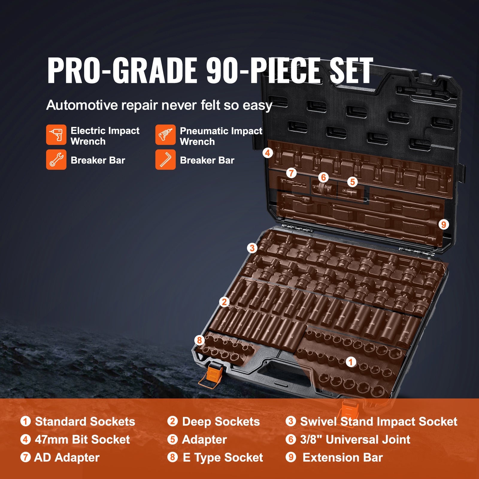 VEVOR Drive Impact Socket Set 6 Point Cr-Mo Alloy Steel For Auto Repair, Includes Extension Bars Universal Joint Adapter Lock Storage Case