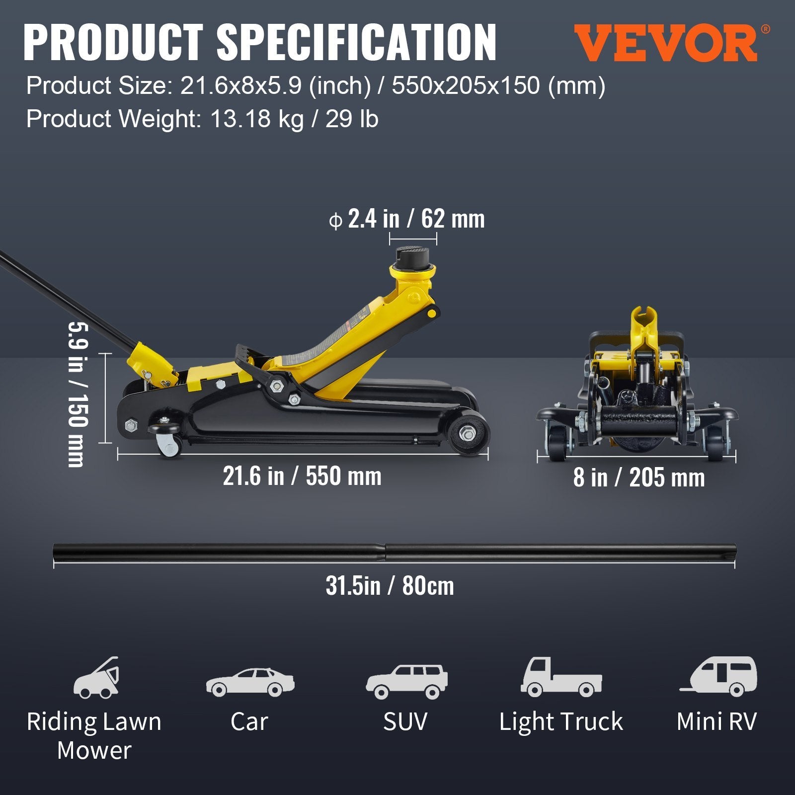 VEVOR Low Profile Floor Jack 2.5 Ton Heavy Steel Single Piston HydraulicPump