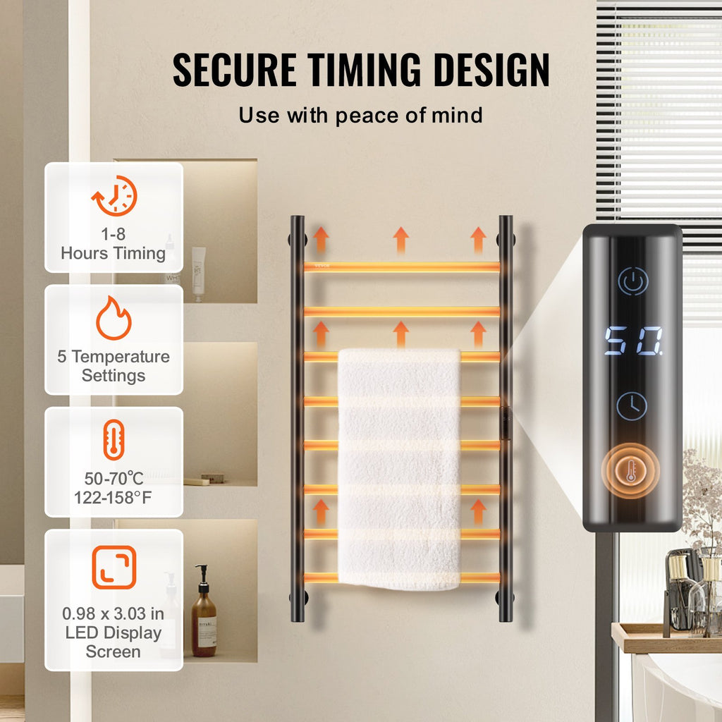 VEVOR 8 Bars Towel Warmer Rack Wall Mounted Heated Towel Rack For Bathroom Black