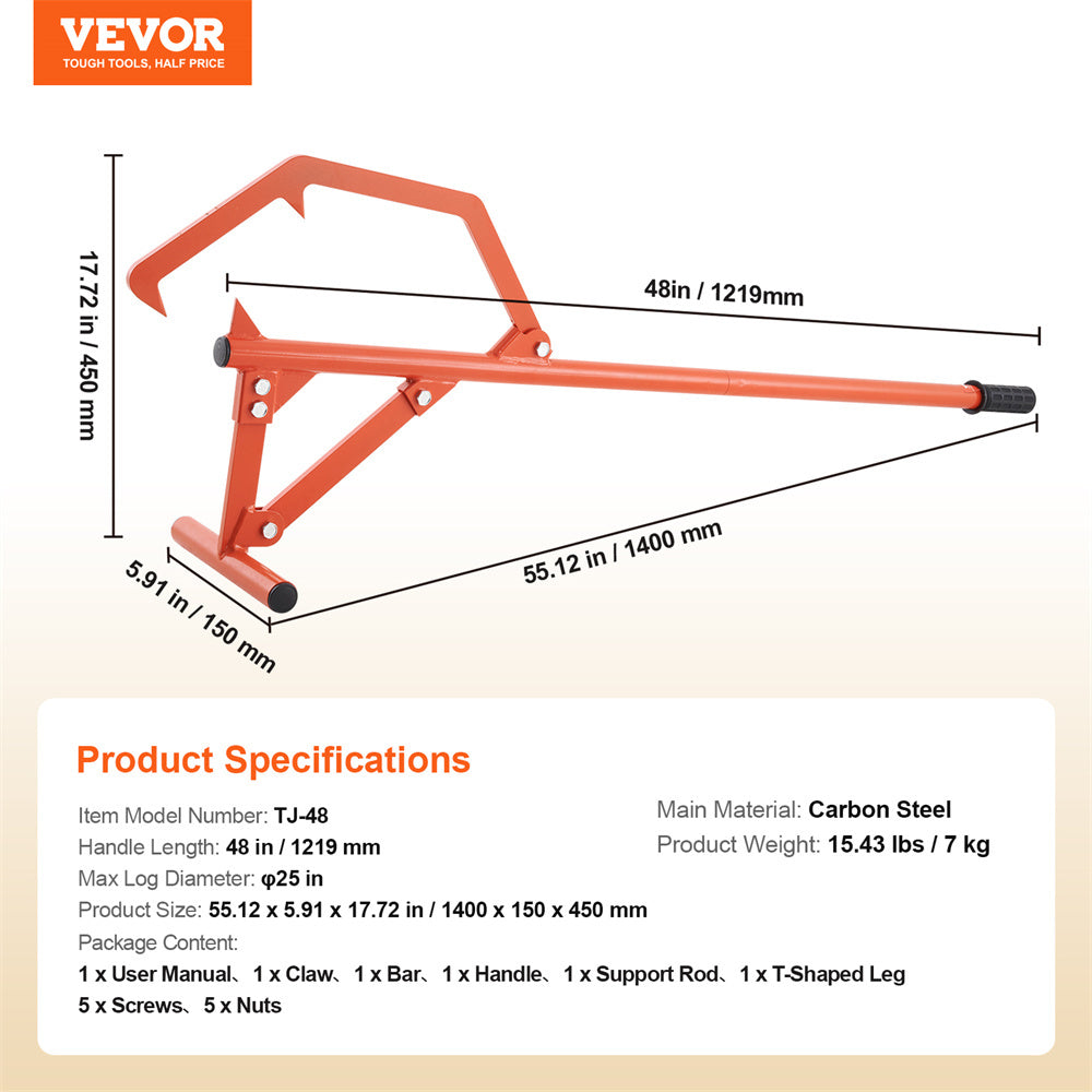 VEVOR Timberjack 46.5 In Heavy Duty Log Lifter For Max 25in Dia Logs Rolling