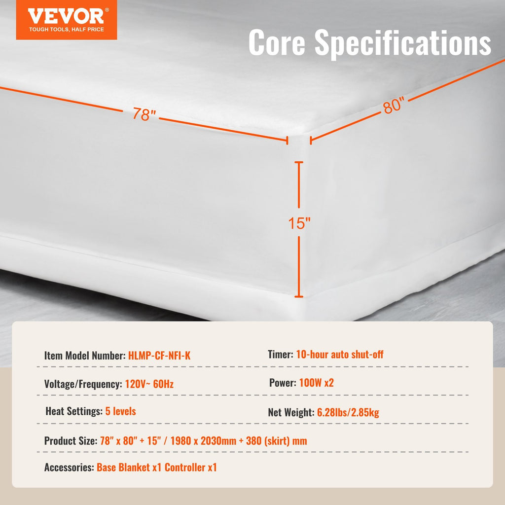VEVOR Heated Mattress Pad 78x80 In King Electric Warmer Coral Fleece Auto Off