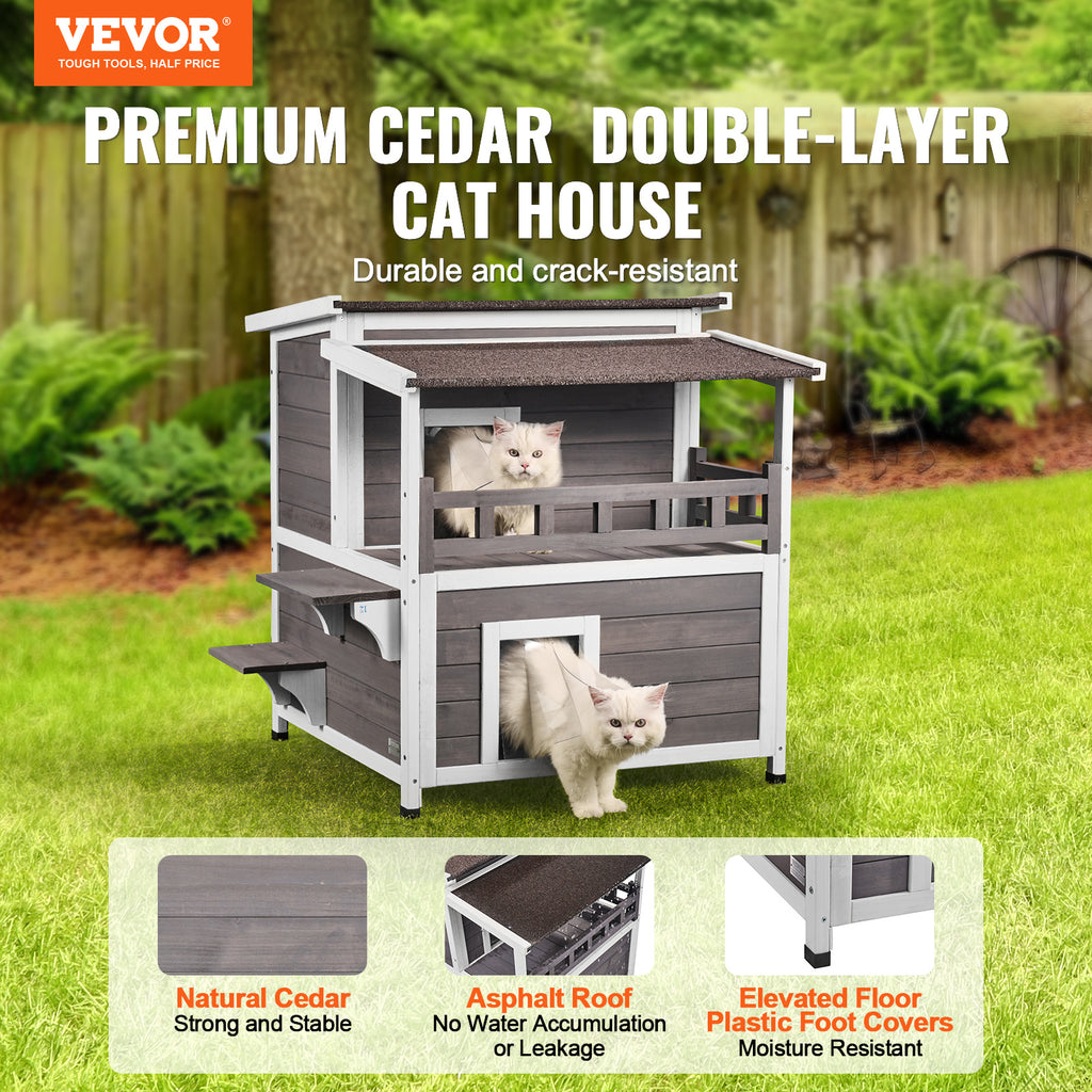 VEVOR Outdoor Cat House 2-story Wooden Feral Cat Shelter With  Balcony & Roof