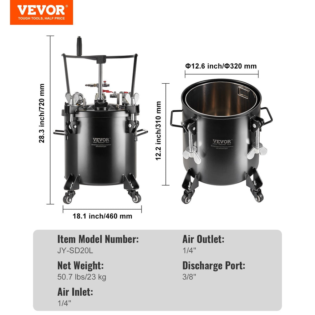 VEVOR Spray Paint Pressure Pot Tank 20L 5gal With Casters Leak Repair Sealant
