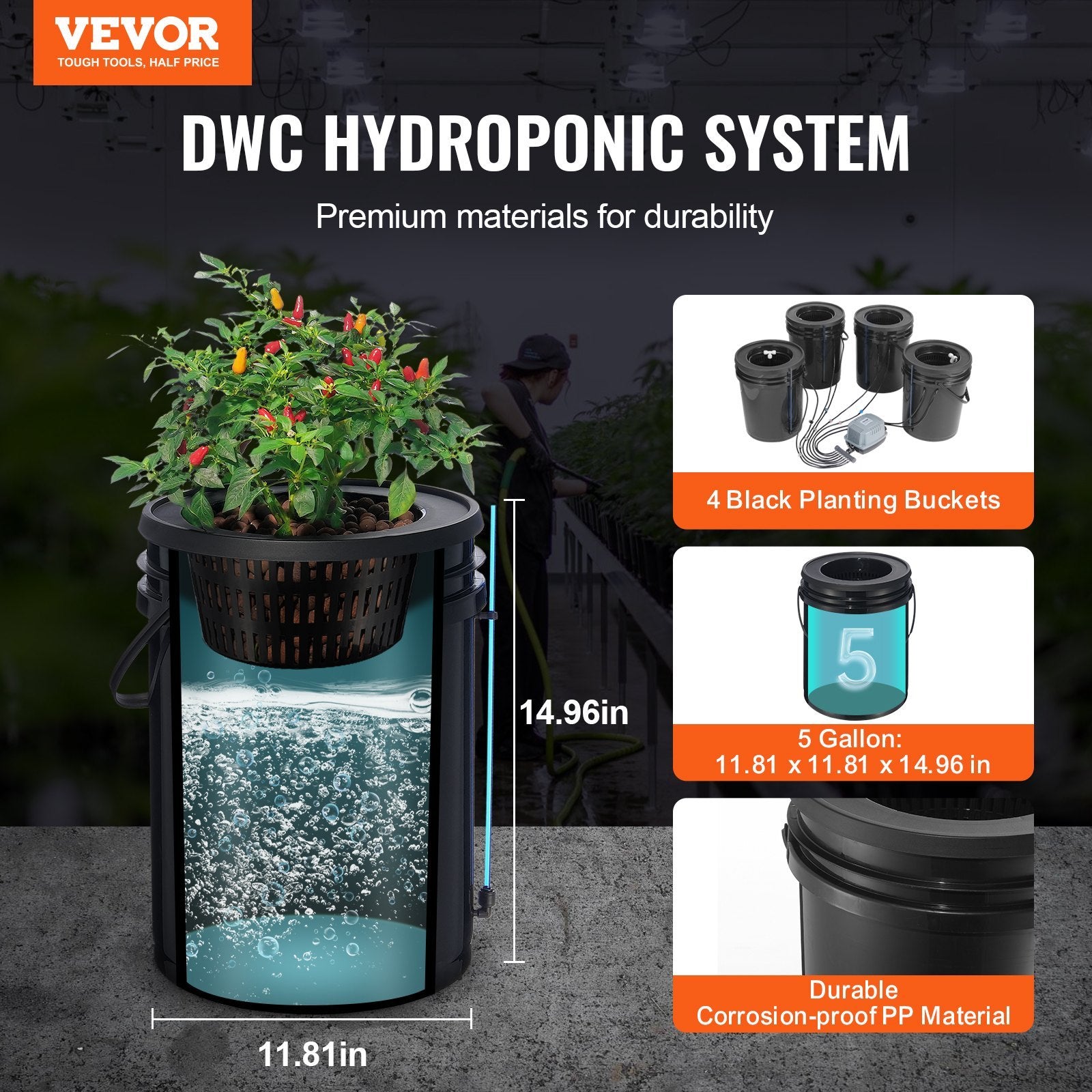 VEVOR DWC Hydroponics Grow System Deep Water Culture With Top Drip 4 Buckets