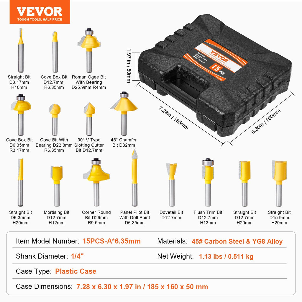 VEVOR Router Bits Set 15 Pieces Carbide Router Bit  Shank Carrying Case