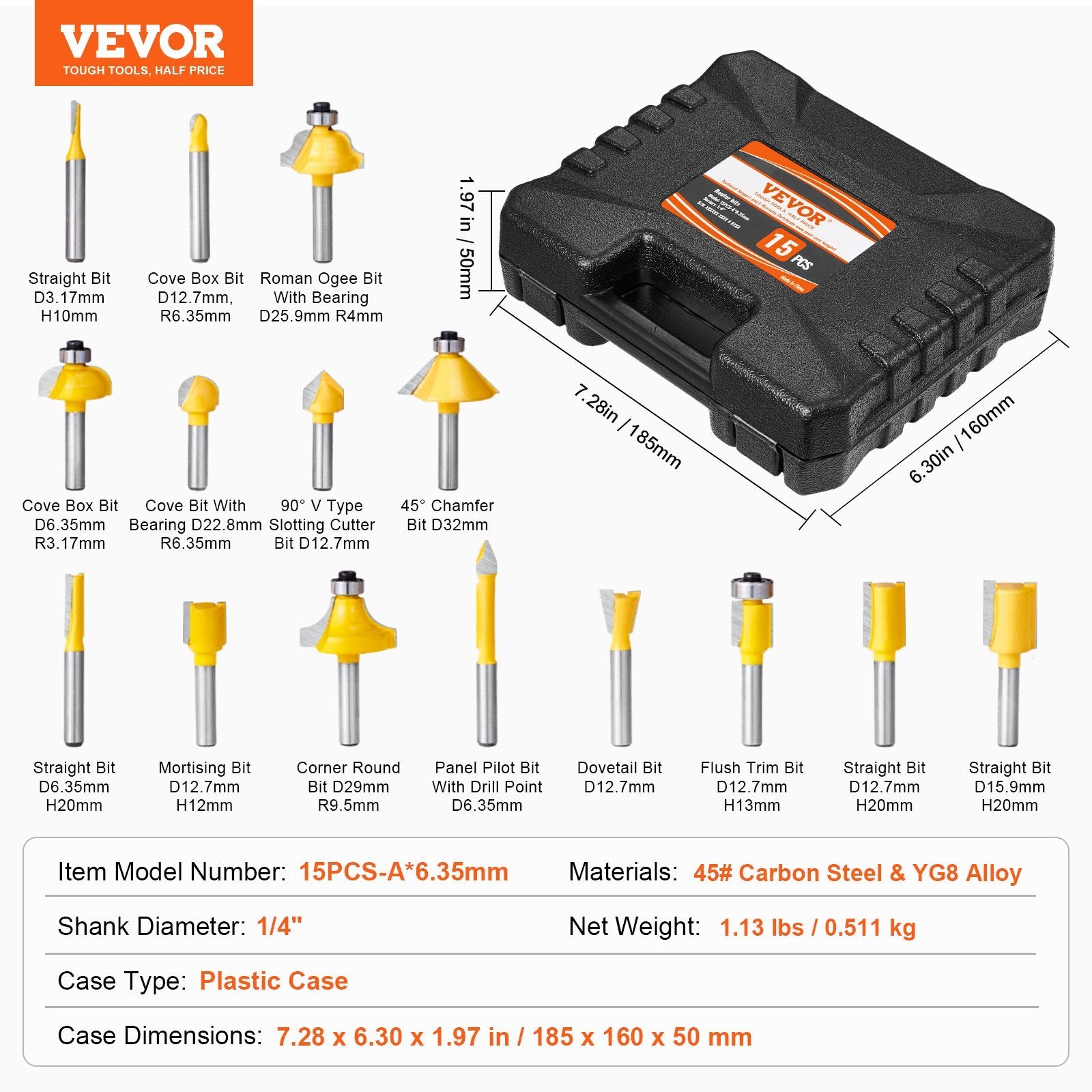 VEVOR Router Bits Set 15 Pieces Carbide Router Bit  Shank Carrying Case